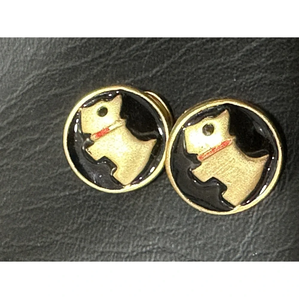 Vintage Black Enamel Dog Button Earrings Gold Tone‎ Accent Red Collar READ